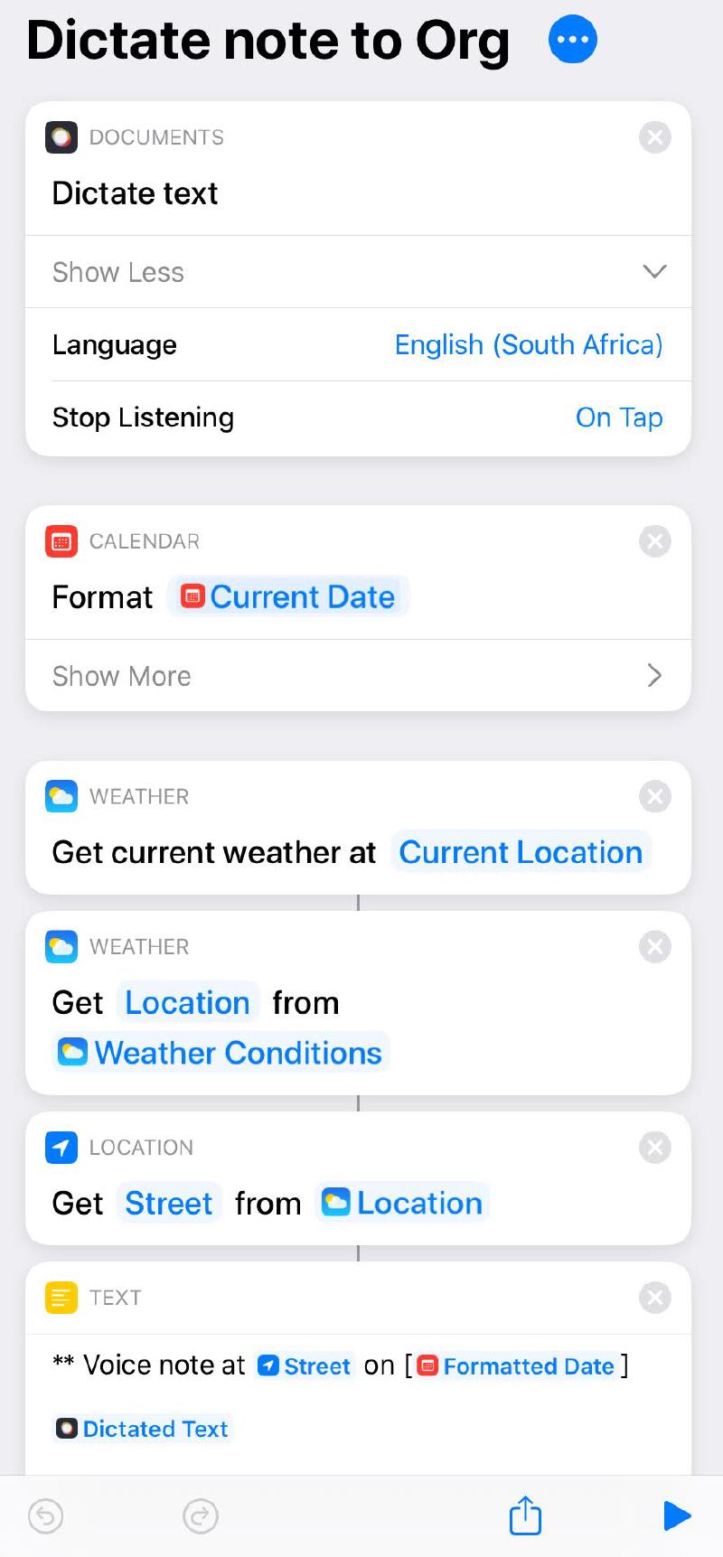 Figure 3: Shortcut to dictate time- and location-stamped note to Org mode