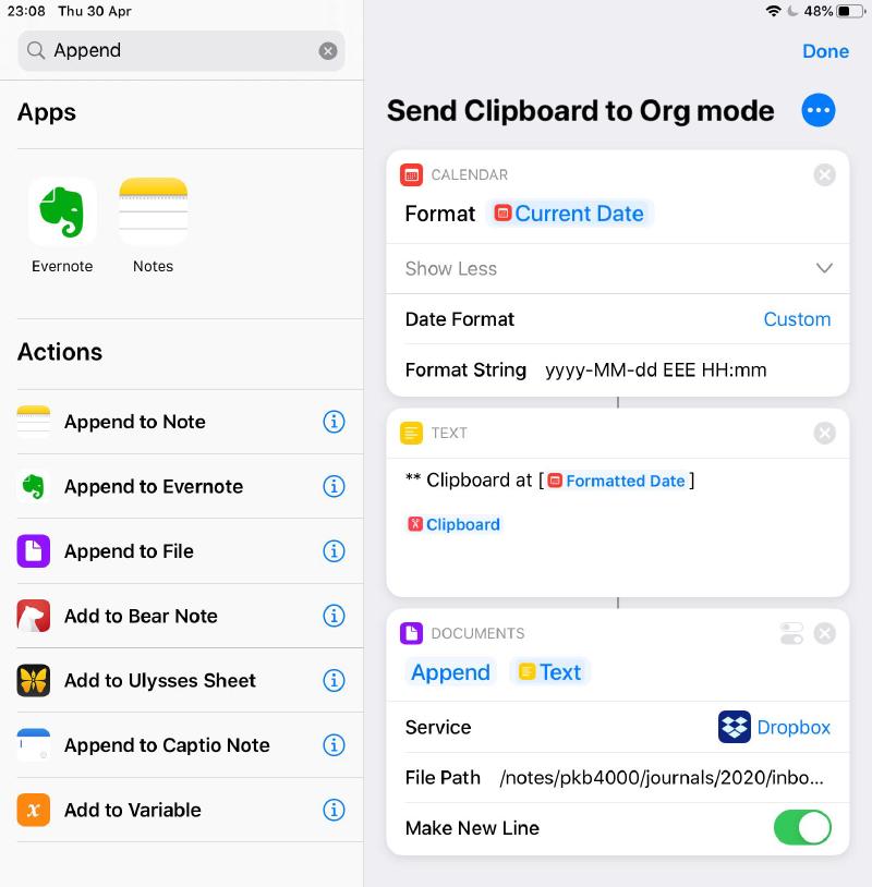 Figure 1: Siri Shortcut to send clipboard contents to Org mode