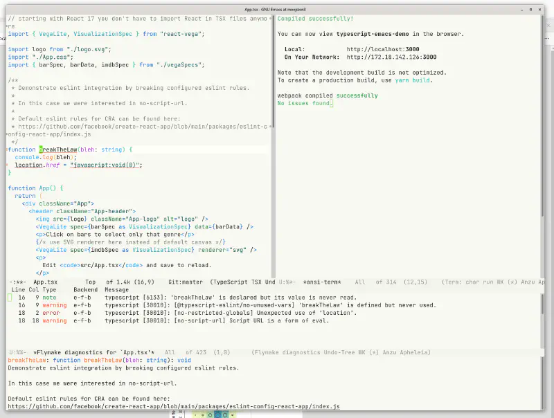 Figure 1: App.tsx from the example repo showing tree-sitter syntax highlighting, eslint issues, function docs via eglot and lsp, yarn start watcher in ansi-term.