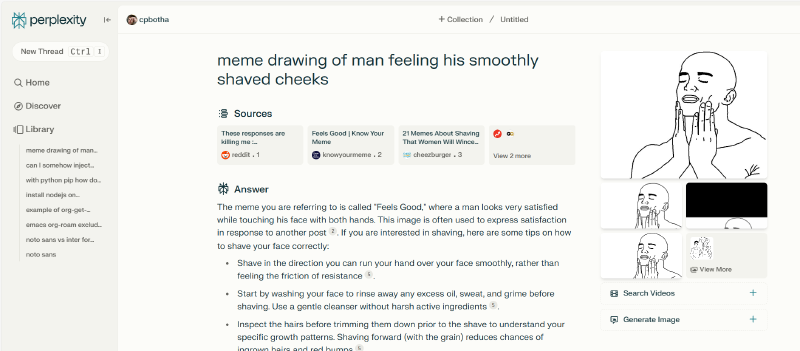 Figure 1: Screenshot of perplexity session during which I learned that the name of the meme is in fact “feels good”