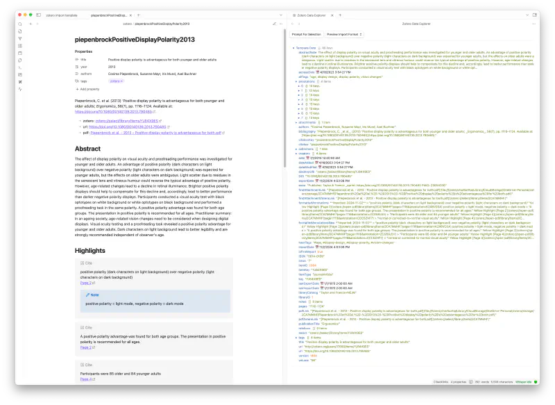 Example of imported academic publication with highlights. Study shows that dark mode is worse.