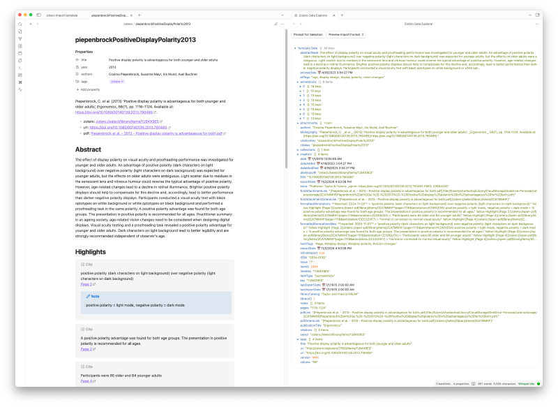 Example of imported academic publication with highlights. Study shows that dark mode is worse.